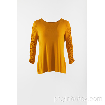 Pullover de malha de manga comprida sólida amarela